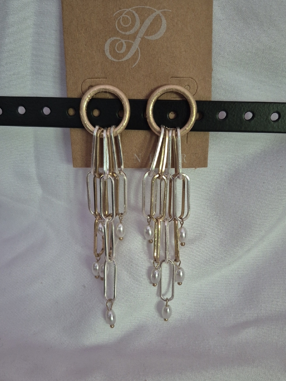 Gold Chain-Link Drop Earrings with Pearl Accents - Women Jewelry